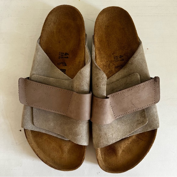 Birkenstock Kyoto Nubuck Suede Leather Sandals Womens 10 Mens 8 Taupe - Picture 1 of 14